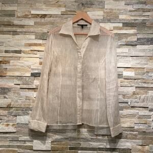 Lafayette 148 NY Silk Linen Sheer Blouse 10 | Neutral Stripe Button Shirt $400